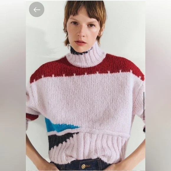 ZARA COLOR BLOCK WOOL BLEND KNIT SWEATER PINK - Picture 4 of 8